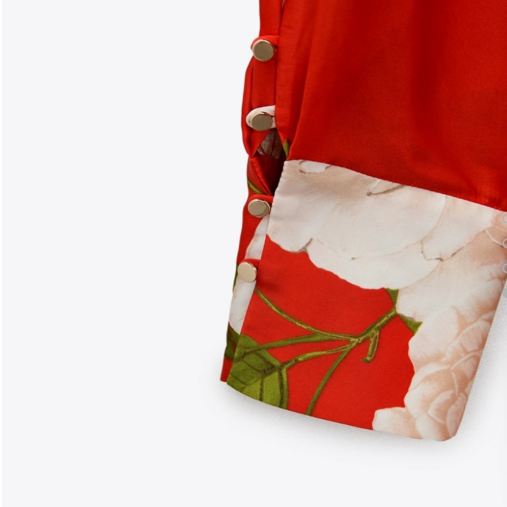 ZARA LONG PRINTED SHIRT Satin effect with V-neck color red Bloggers  Favorite - Picture 13 of 13